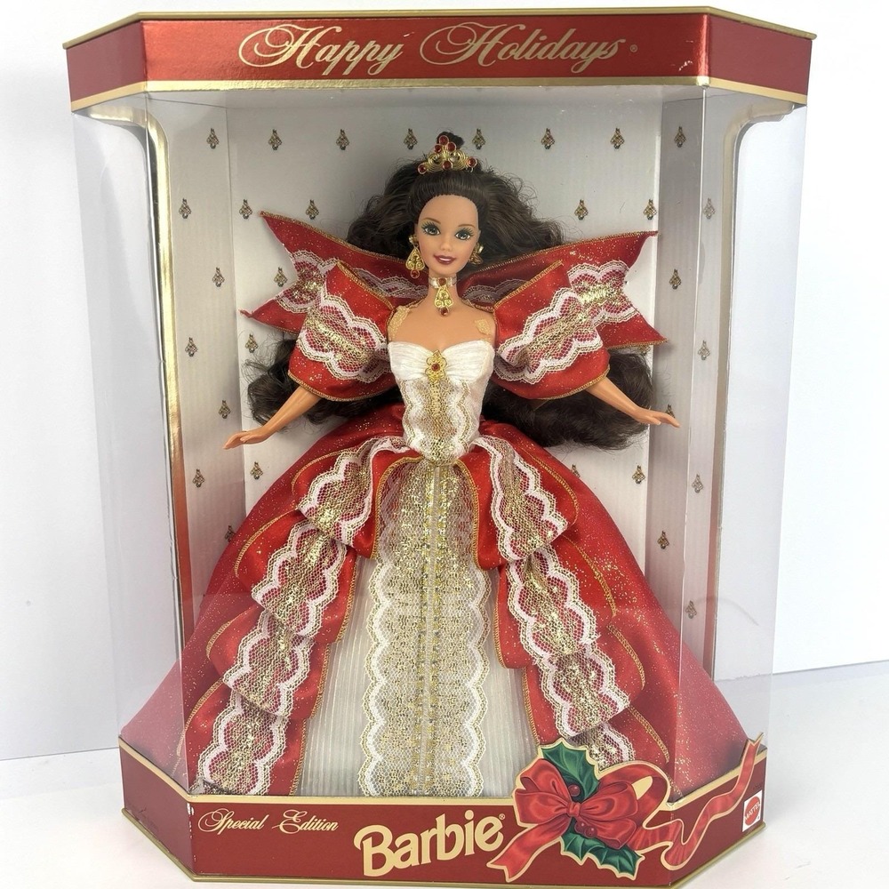 1997 Happy Holidays Barbie Special Edition Brunette Doll Red Gold Gown 17832